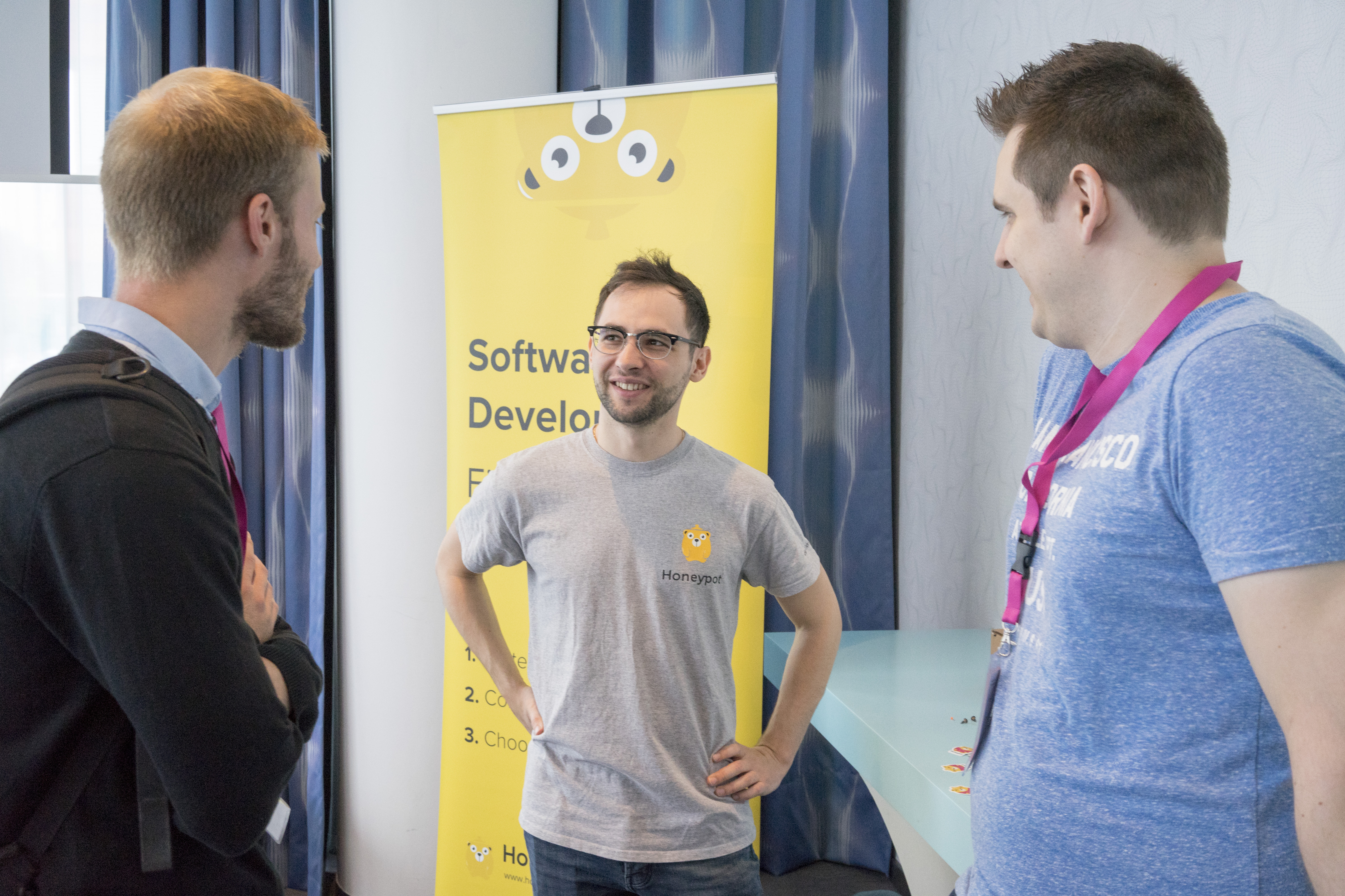 Florian, a former Talent Rep, and current Data Analyst, chatting with developers at GraphQL Conf 2018.
