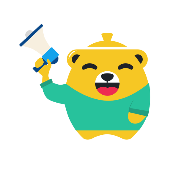 Honeypot mascot, Bearpot, holding a megaphone.