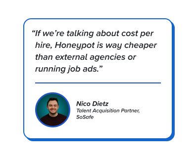 Quote: If were talking about cost per hire, Honeypot is way cheaper than external agencies or running job ads.